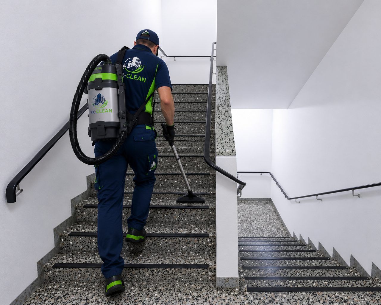 EK-Clean-Mitarbeiter reinigt ein Treppenhaus
